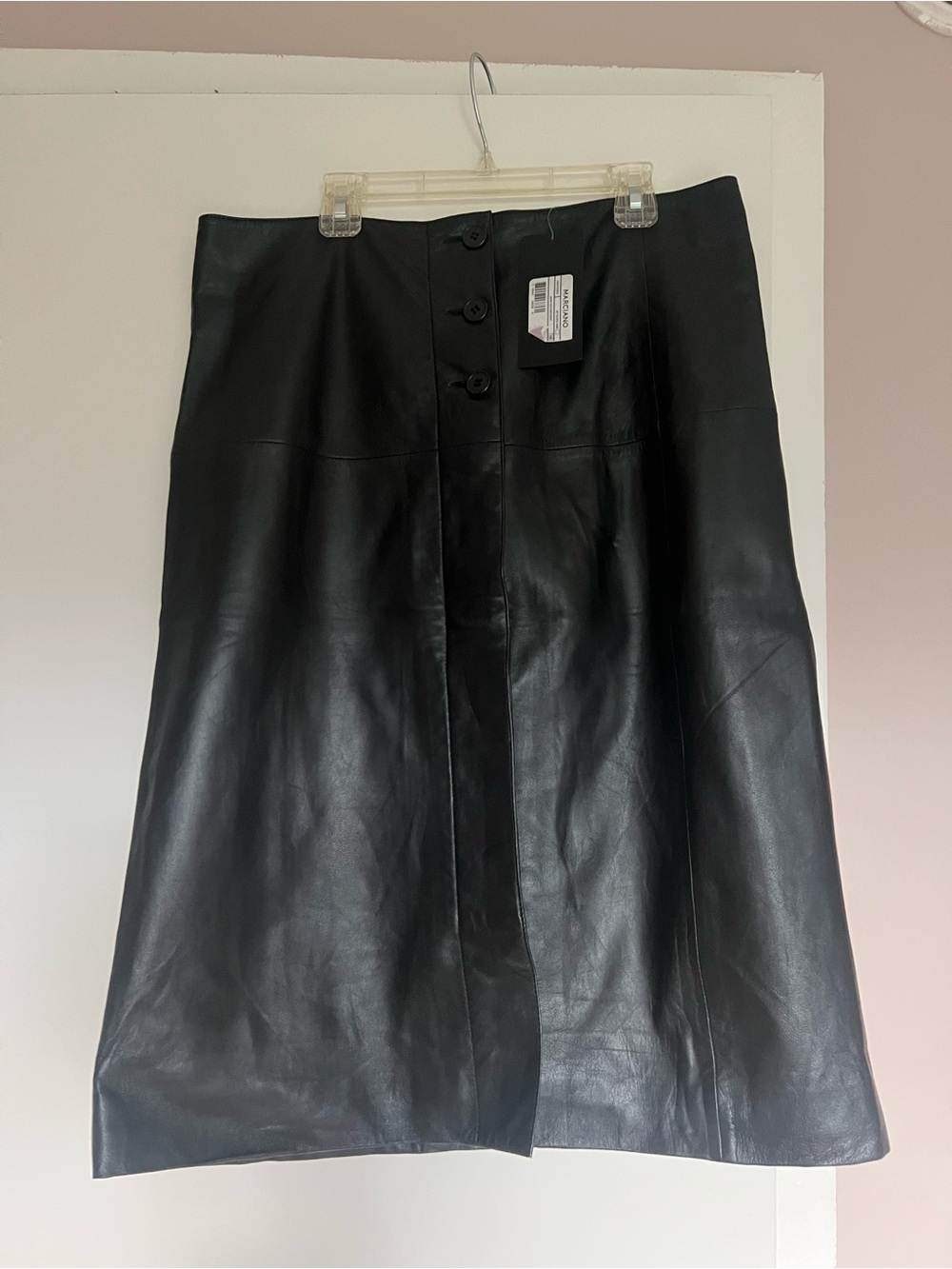 Marciano Black Leather Midi Skirt with Front Buttons